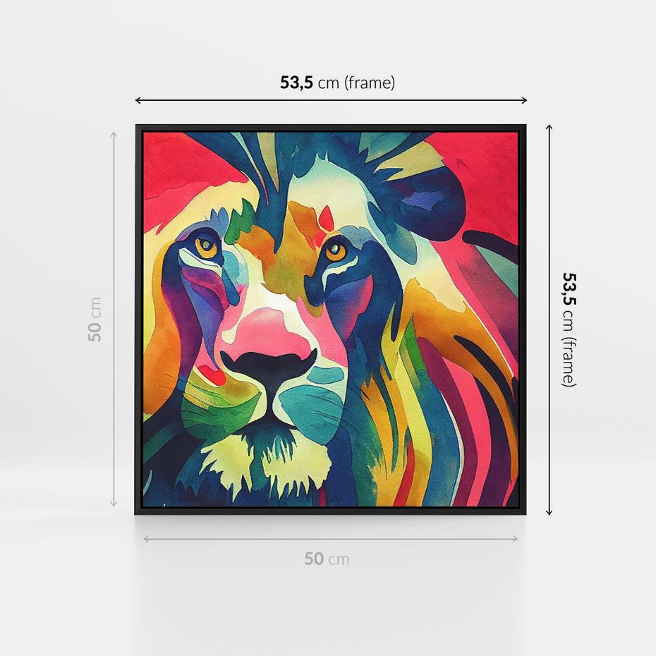 Obraz w ramie 50x50 - Tęczowy Lew - akwarela, tęczowy lew - rama czarna