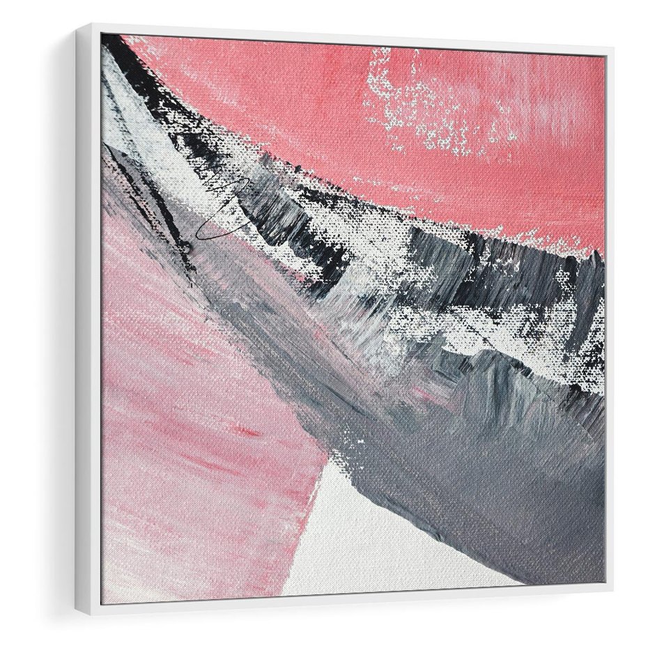 Obraz w ramie 80x80 - Kontrastujący Ruch Emocji - abstrakcyjne pasy farby, kolory róż szary czarny - rama biała