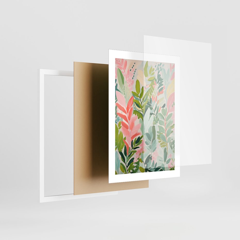 Zestaw obrazy w ramie 40x50 galeria - kwiaty, akwarela, pastele, liście - rama biała