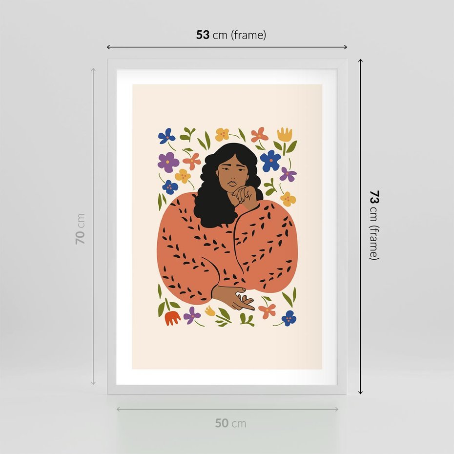 Plakat w ramie 50x70 - Rozplątane Emocje - nowoczesny plakat, kobieta otoczona kwiatami - rama biała