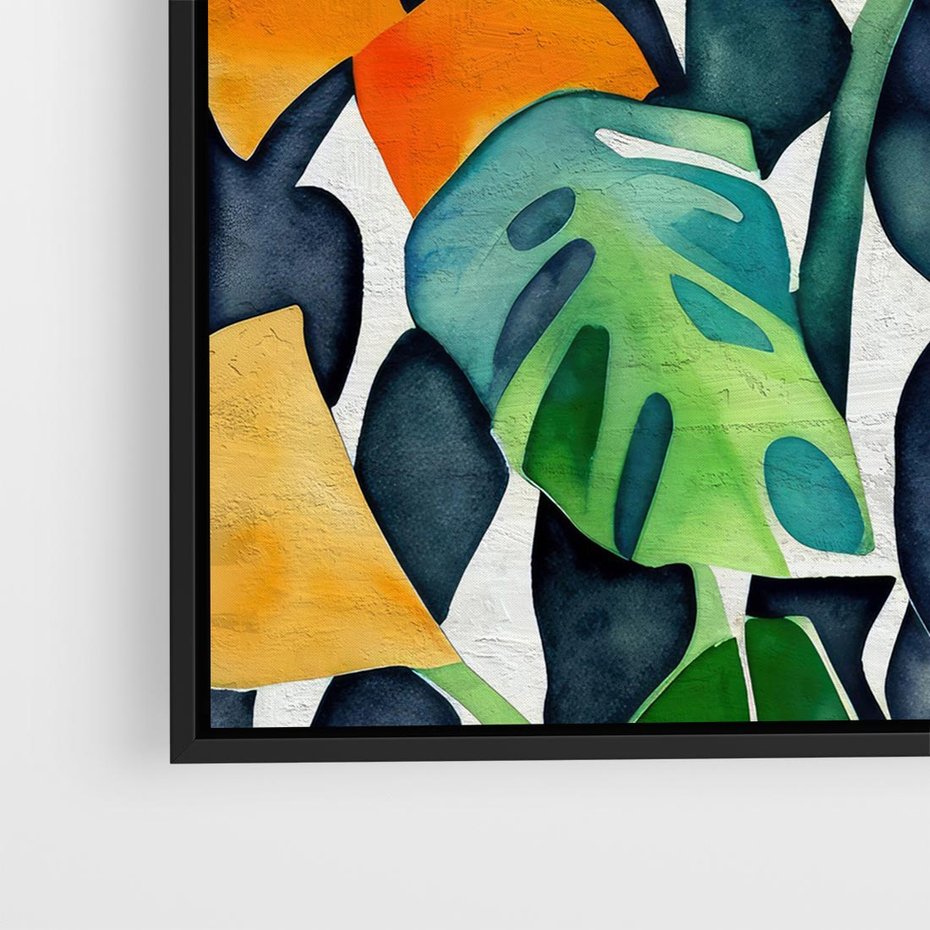 Obraz w ramie 50x50 - Tropikalne Pragnienia - akwarela, liście tropikalne - rama czarna