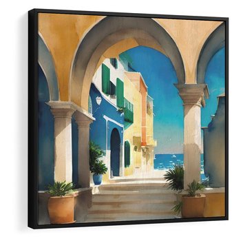 Obraz w ramie 50x50 - Nadmorskie Łuki - akwarela, śródziemnomorski klimat - rama czarna
