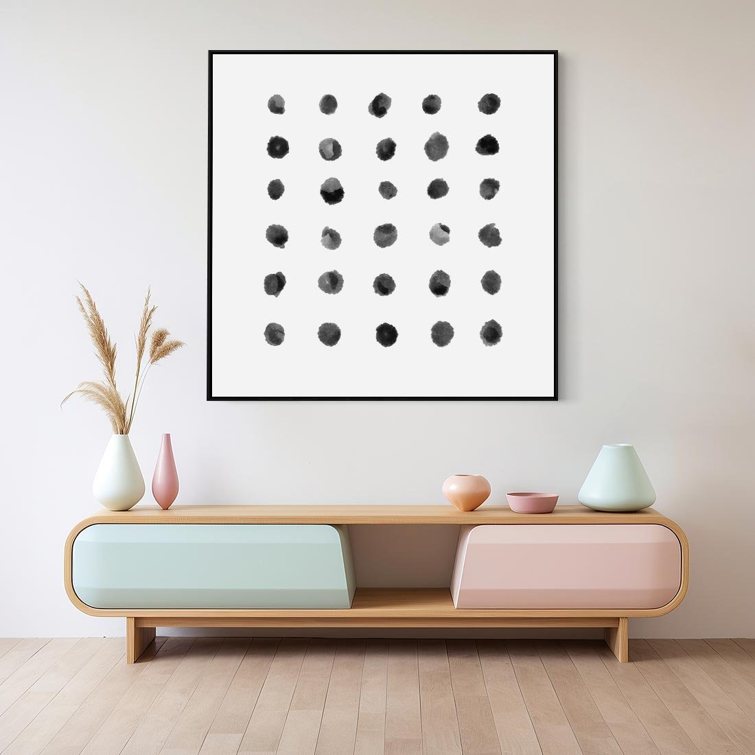 Obraz w ramie 50x50 - Boho Sztuka Wolości - minimalistyczny plakat, czarne kropki na białymtle - rama czarna