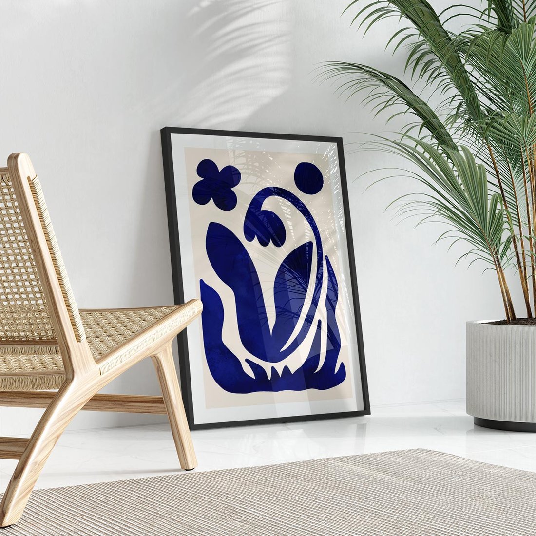 Plakat w ramie 50x70 - Bezgraniczne Echa Serca - abstrakcyjny obraz plakat, dziwne niebieskie kształty przypominają kwiat - rama czarna