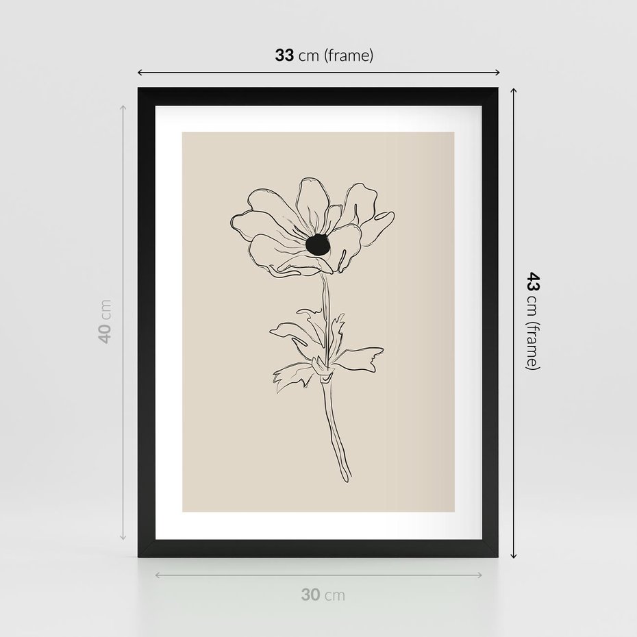 Plakat w ramie 30x40 - Przenikający Dialog - szkic kwiatu, mnimalistyczny szkic - rama czarna