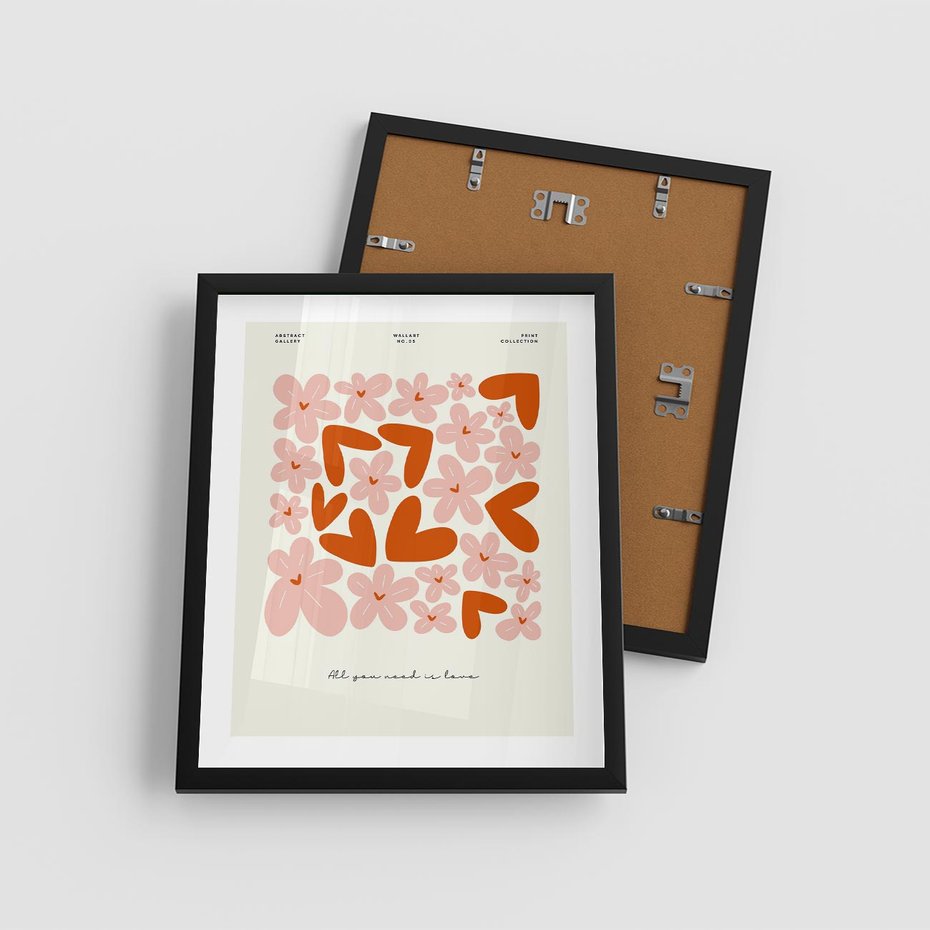 Plakat w ramie 40x50 - Miłość w Kompozycji - grafika, kompozycja kwiaty i serca - rama czarna