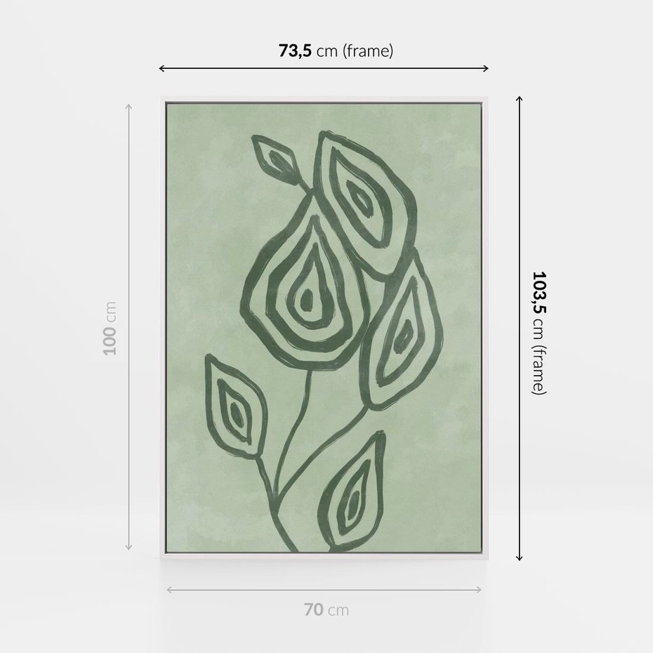 Obraz w ramie 70x100 - Szmaragdowy Oddech - abstrakcyjne delikatne zielone linie, podobne do gałęzi kwiatów - rama biała