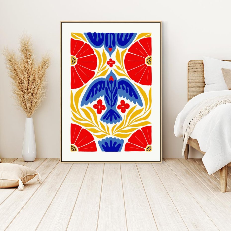 Obraz w ramie 80x120 - Eklektyczny Majestat - wyrazista grafika, mocne kolory czerwień niebieski żółty - rama drewno