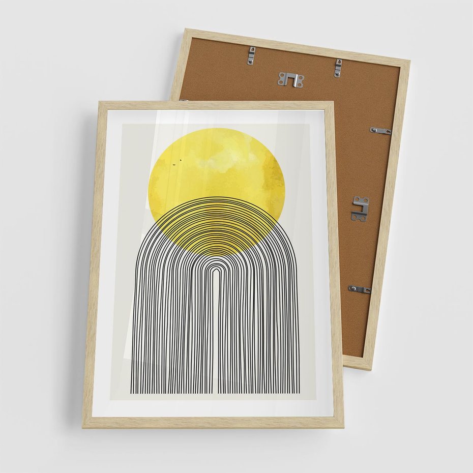 Plakat w ramie 50x70 - Słoneczne Odbicia - geometria, żółte koło - rama drewno