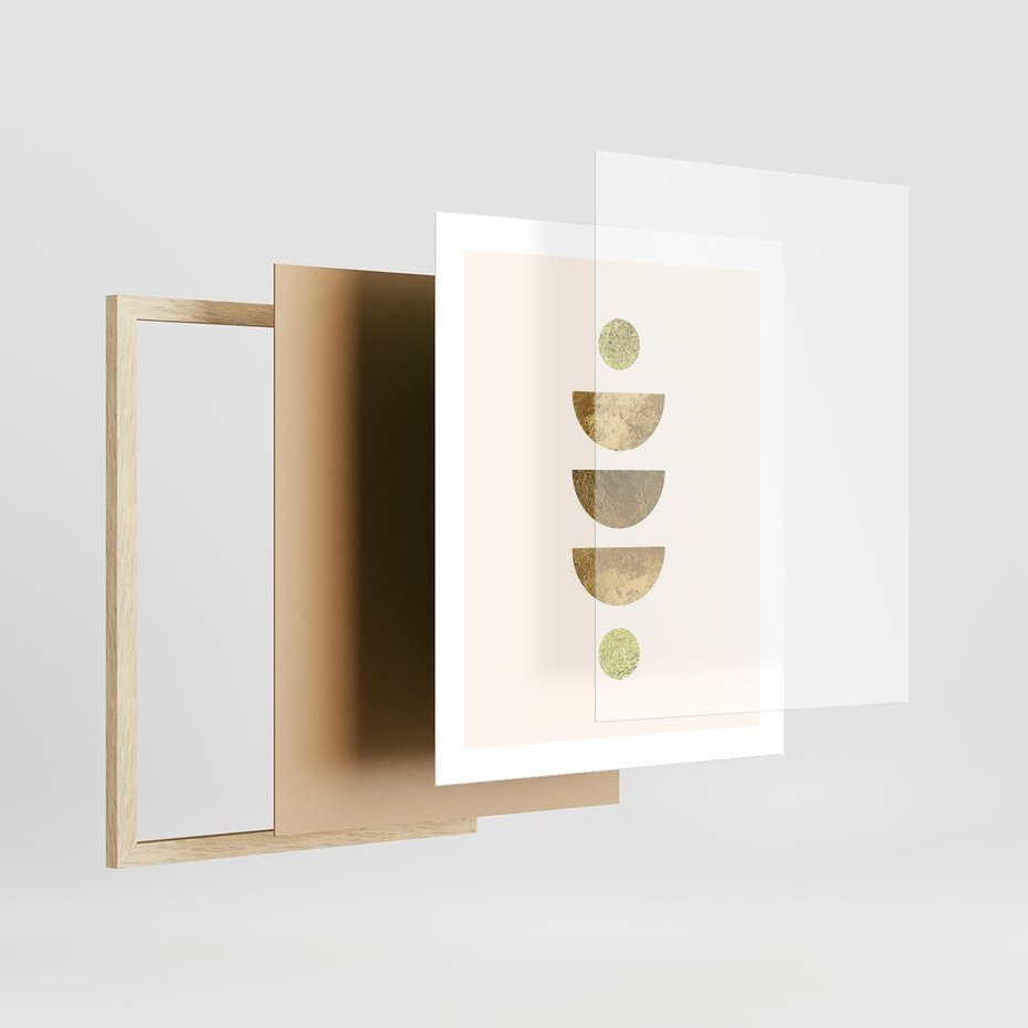 Plakat w ramie 40x50 - Harmonijne Odbicia - geometryczne złote kształty, tekstura - rama drewno