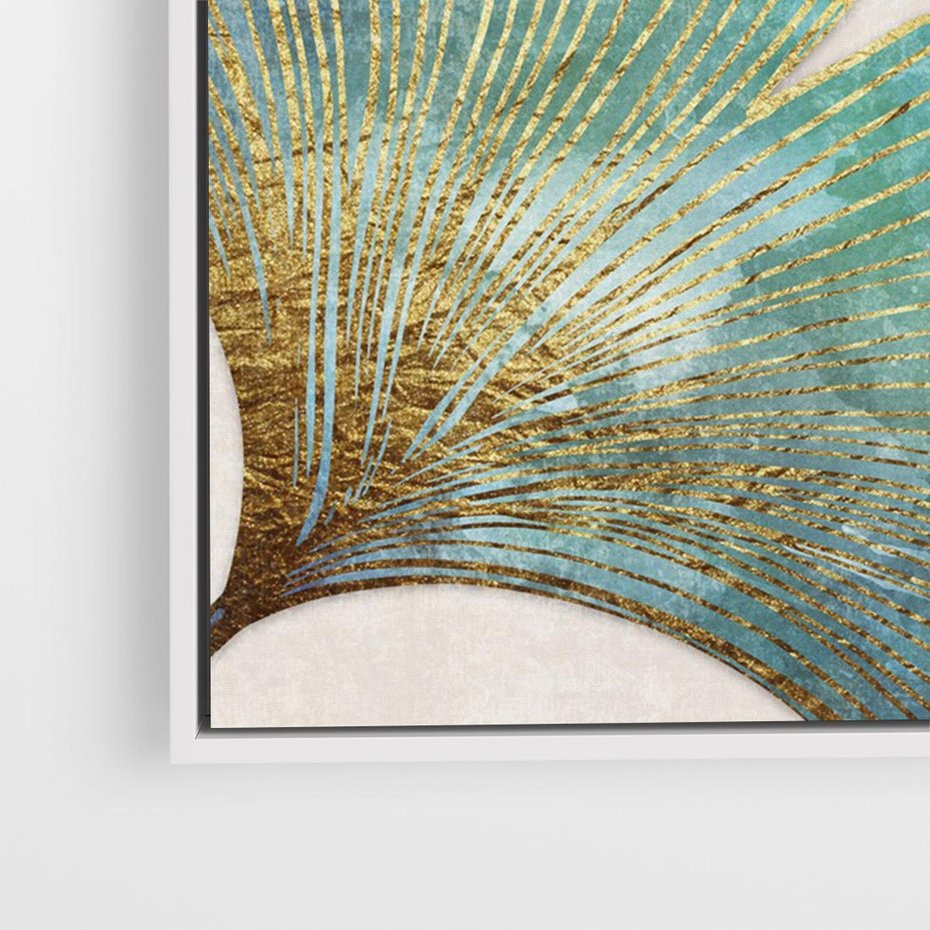 Obraz w ramie 100x70 - Złota Melodia Liści - złote, turkusowe liście miłorzębu - rama biała
