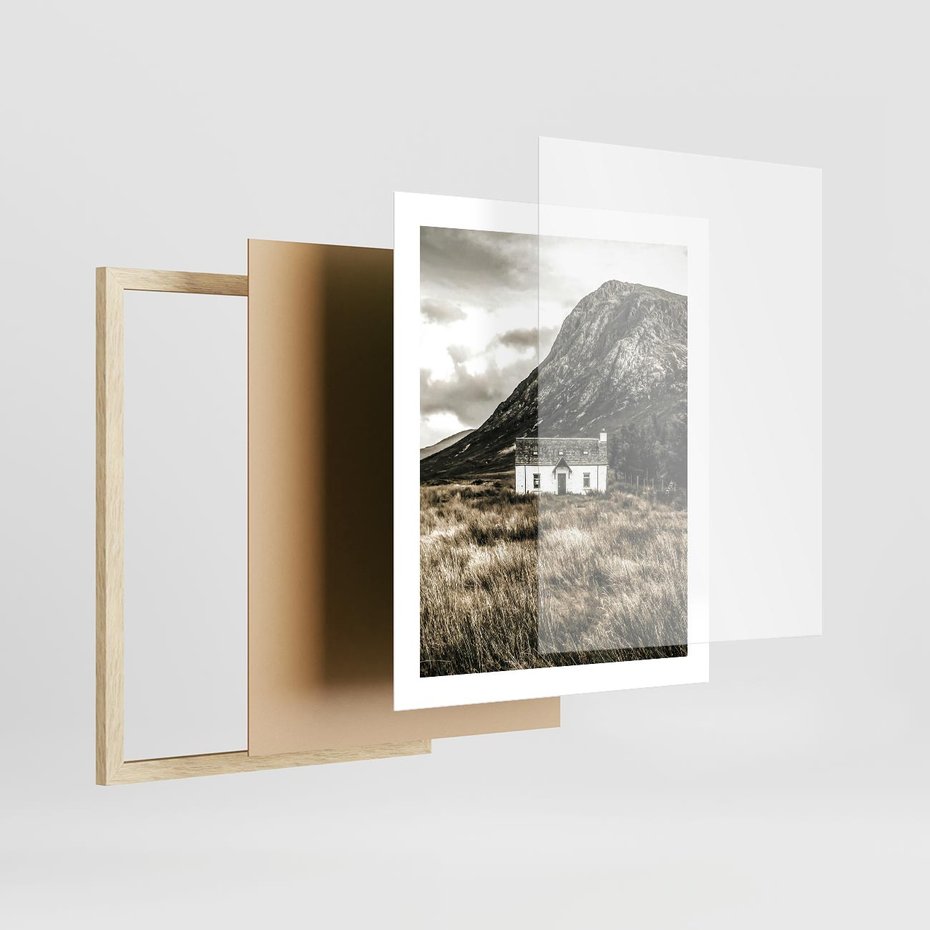 Plakat w ramie 40x50 - Biały Domek w Sepii: Wiejski Urok - domek w górach, kolory sepii - rama drewno