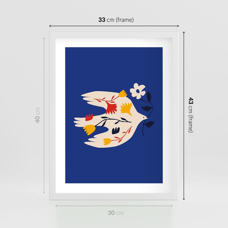 Plakat w ramie 30x40 - Bezczasowy Szept - niebieskie tło, abstrakcyjny biały ptak - rama biała