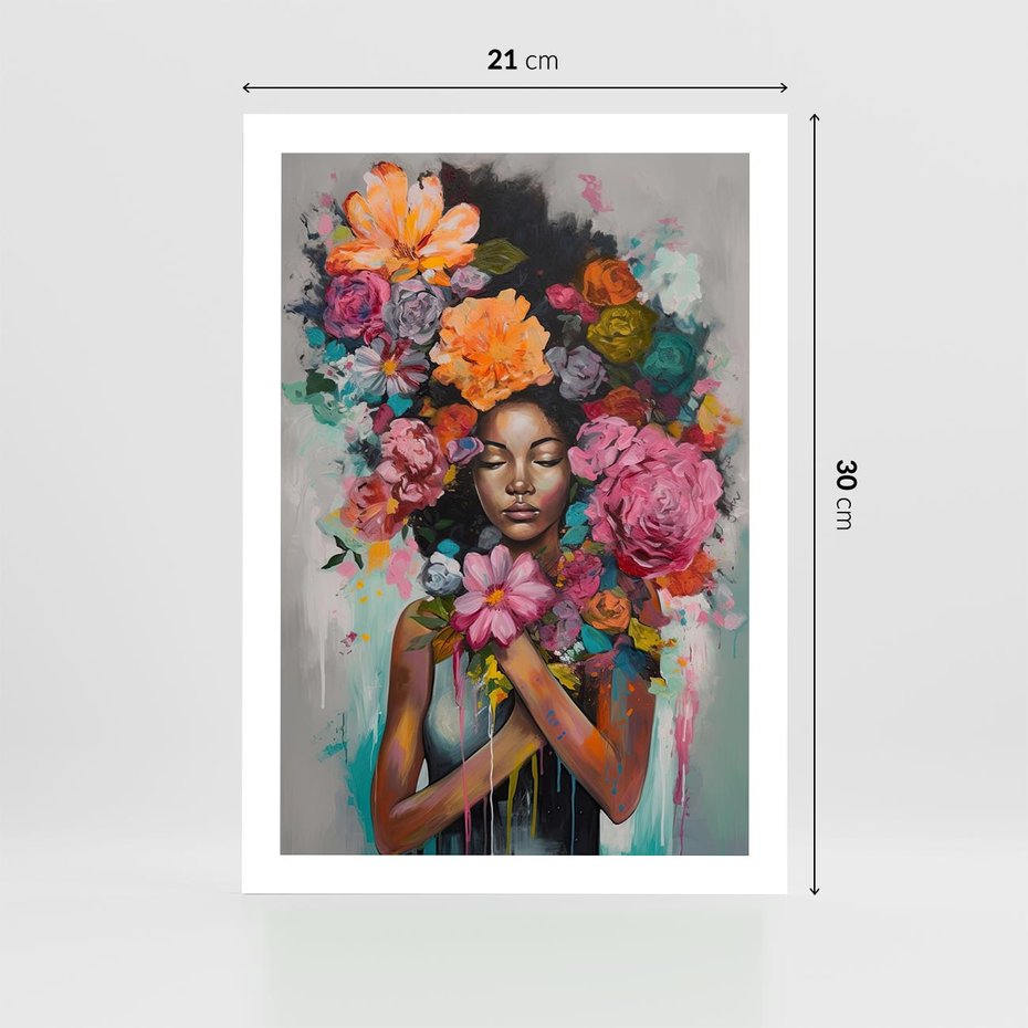 Plakat bez ramy 21x30 - Z Głową w Kwiatach - obraz olejny, sztuka nowoczesna