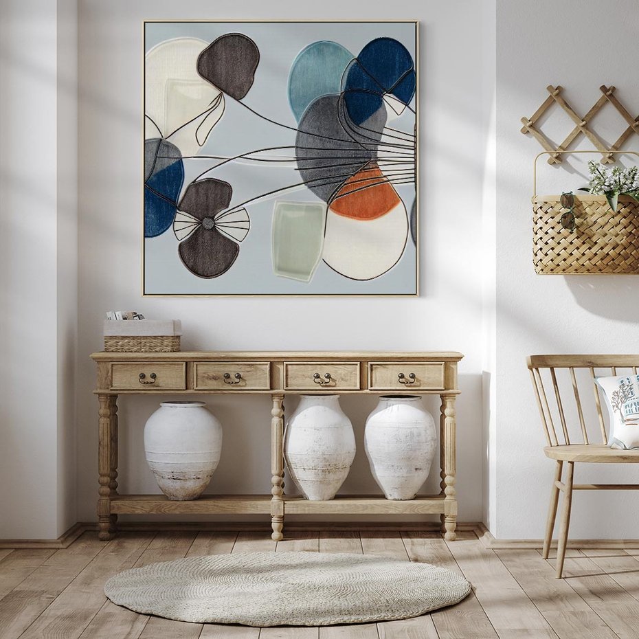 Obraz w ramie 50x50 - Plamy w Niebieskim - sztuka abstrakcyjna, linie - rama drewno