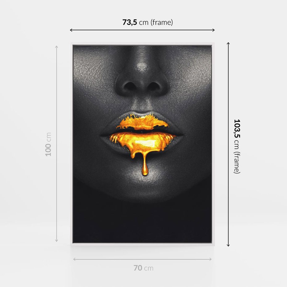 Obraz w ramie 70x100 - Złote Usta Kobiety - złote, usta - rama biała