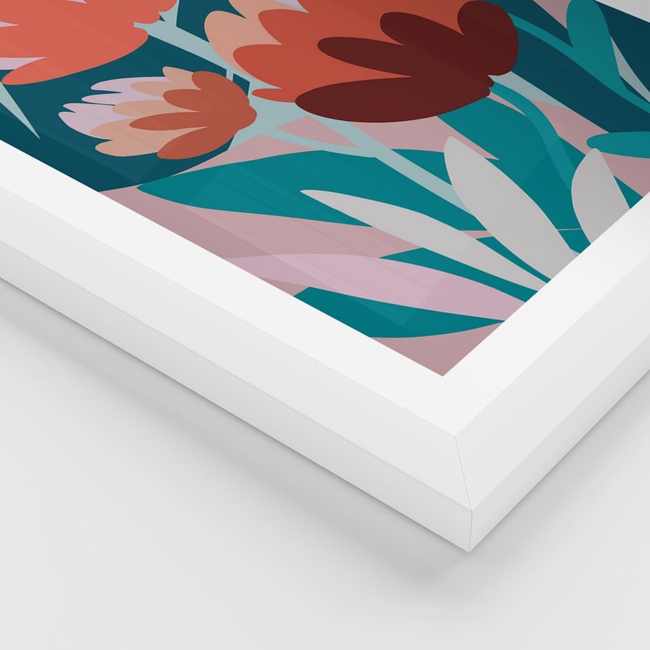 Plakat w ramie 40x50 - Symfonia Kwiatów - abstrakcyjna kompozycja kwiatowych form, kolor zgaszone - rama biała