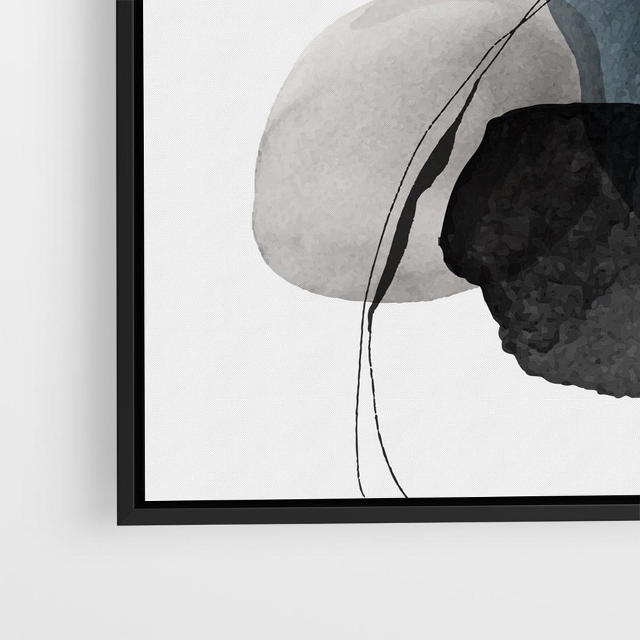 Obraz w ramie 50x50 - Wibracje Kształtów - abstrakcyjne plamy akwarelowe, czarny szkic - rama czarna