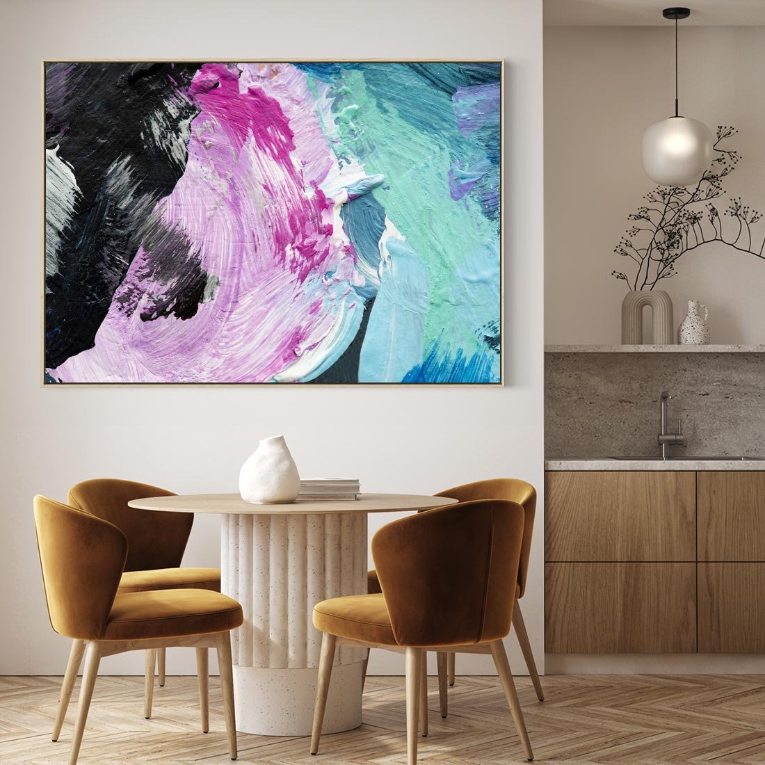 Obraz w ramie 70x50 - Kolorowy rój wyobraźni - rozlane kolorowe farby olejne, abstrakcja - rama drewno