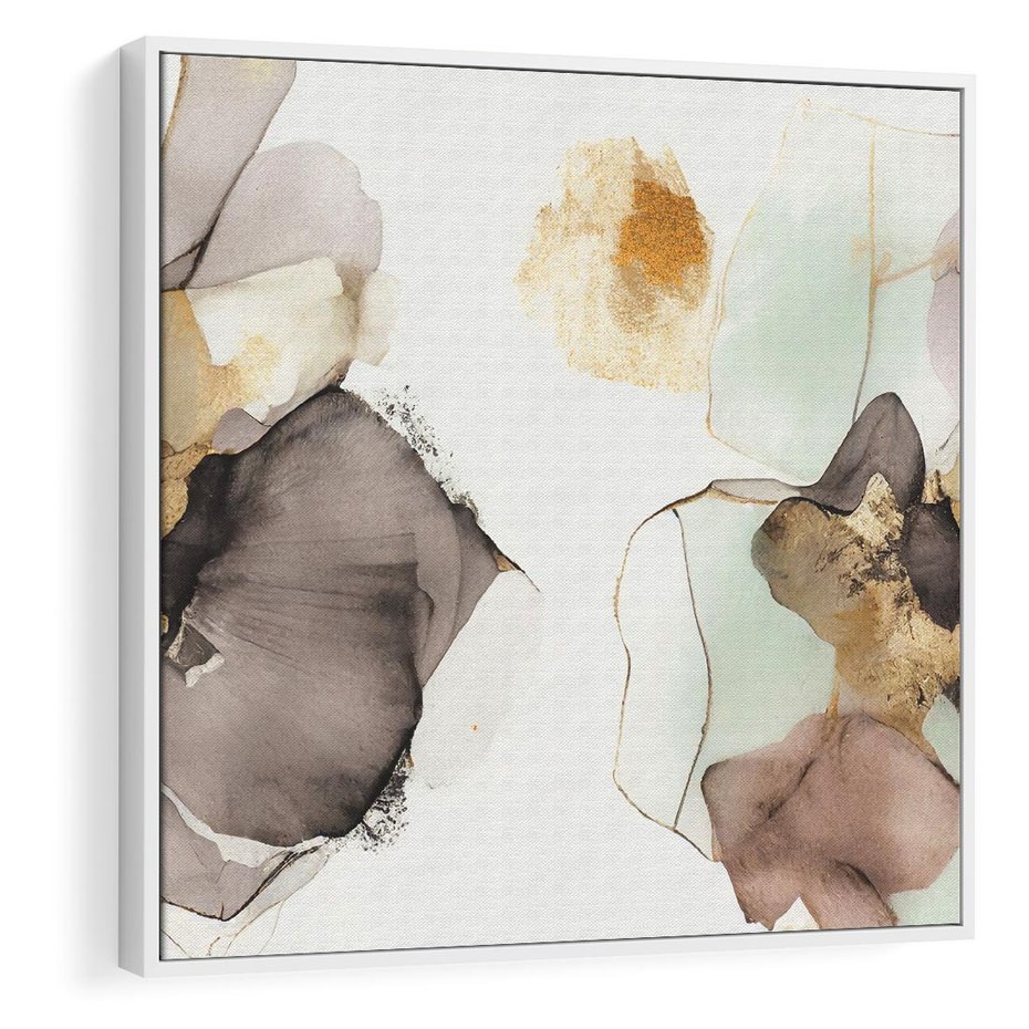 Obraz w ramie 80x80 - Nowoczesne Elegancje - akwarela, złote linie i plamy - rama biała