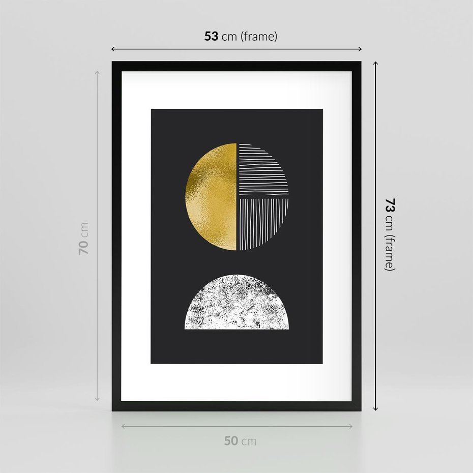 Plakat w ramie 50x70 - Złote Koła i Geometryczne Formy - grafika, modern - rama czarna