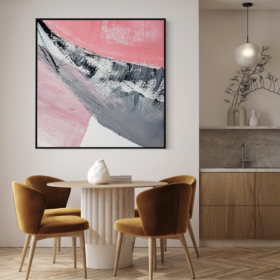 Obraz w ramie 50x50 - Kontrastujący Ruch Emocji - abstrakcyjne pasy farby, kolory róż szary czarny - rama czarna