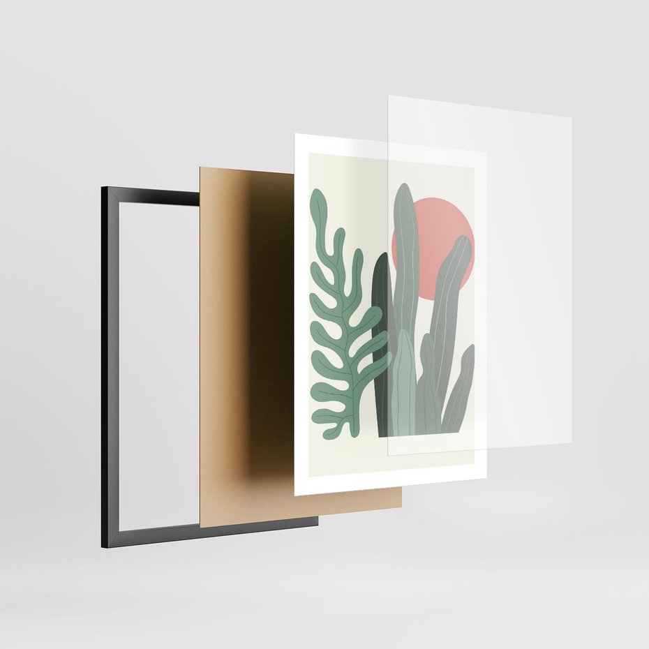 Plakat w ramie 50x70 - Graficzna Harmonia: Liście i Rośliny na Plakacie - liście, grafika - rama czarna