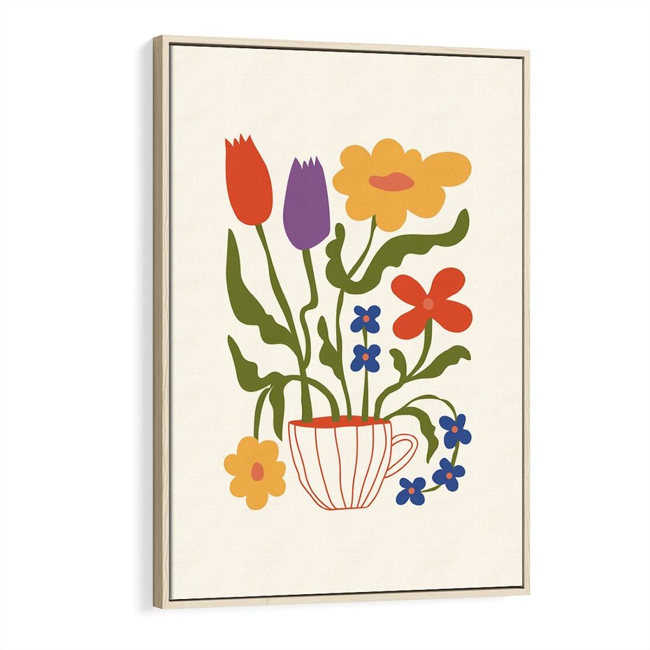 Obraz w ramie 70x100 - Kolorowe Granice - kwiaty w filizance, abstrakcja - rama drewno