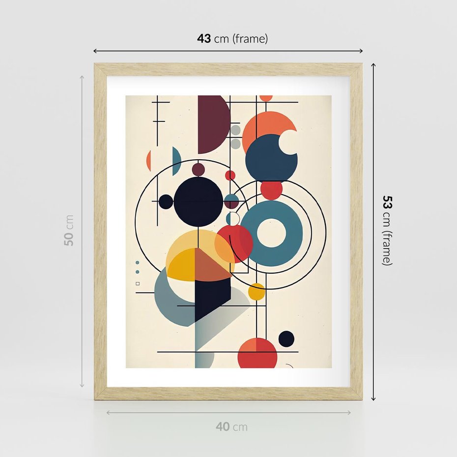 Plakat w ramie 40x50 - Rozbijające Barwne Granice - abstrakcyjna geometryczna kompozycja, koła linie - rama drewno