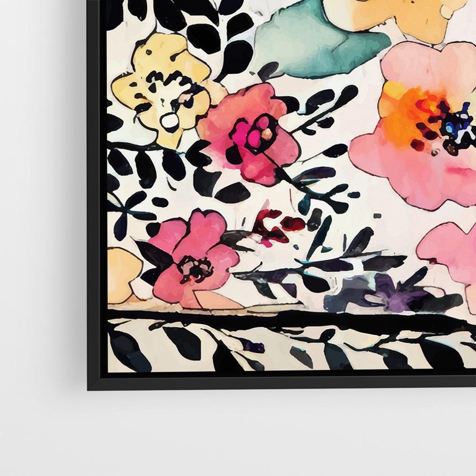 Obraz w ramie 50x50 - Opowieść w kroplach farb - akwarelowe kwiaty, mocna ornamentowa czarna ramka namalowana dookoła obrazu - rama czarna