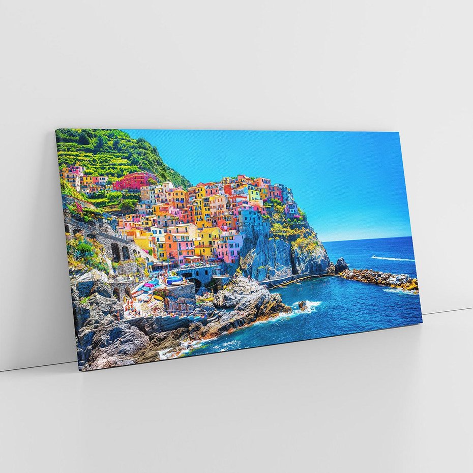 Obraz na płótnie 100x50 - Barwne Wybrzeże - nadmorskie miasto na klifie, kolorowe tęczowe budynki
