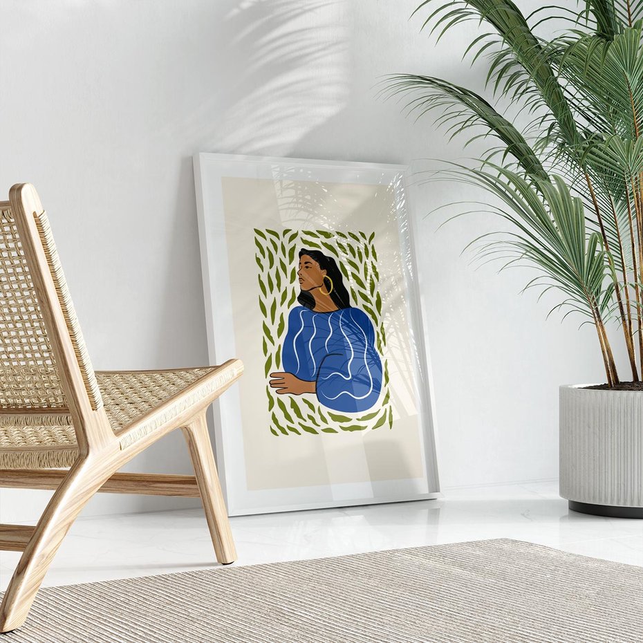 Plakat w ramie 30x40 - Rozbite Barwy - nowoczesny plakat, kobieta otoczona liśćmi - rama biała