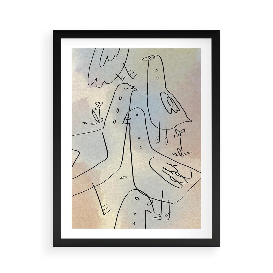 Plakat w ramie 50x70 - Strukturalna Gromada - abstrakcyjny plakat, szkic ptaków - rama czarna