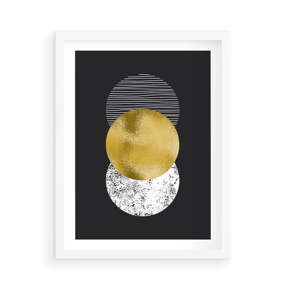Plakat w ramie 50x70 - Geometryczna Perfekcja: Złote Koło - geometryczna grafika, złote koło - rama biała