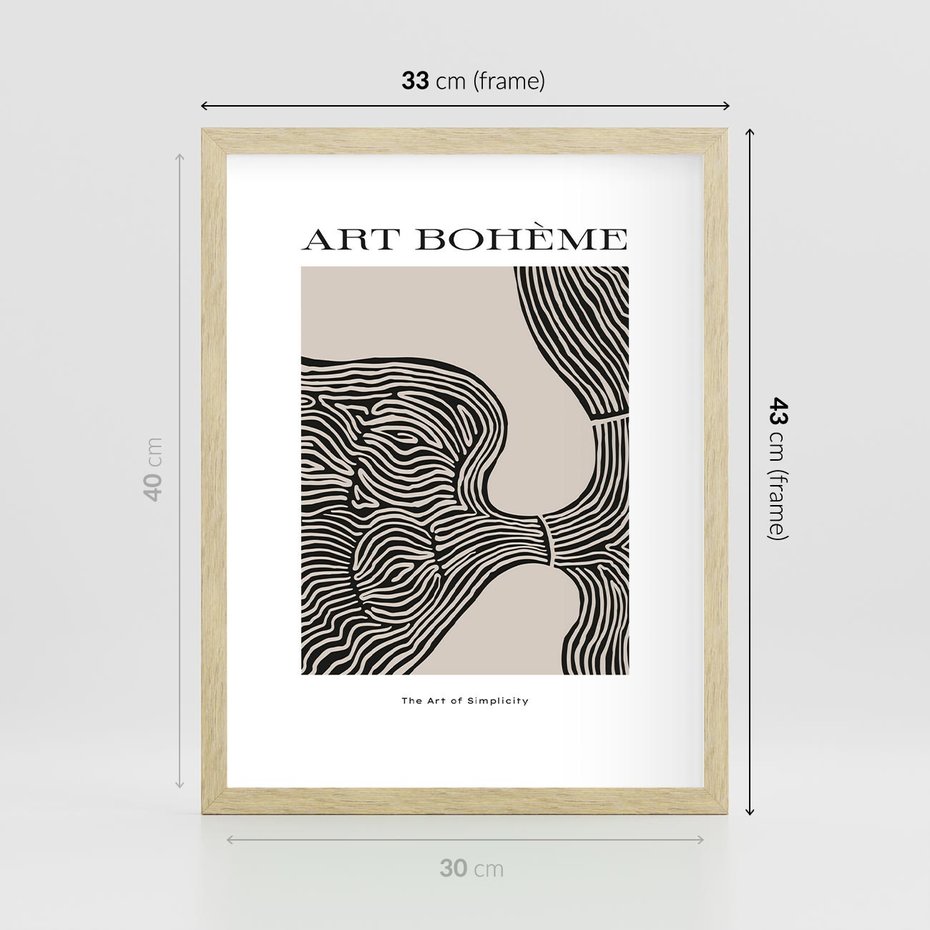 Plakat w ramie 30x40 - Wewnętrzne Zagadki Kształtów - sztuka minimalizmu, biało czarna rycina - rama drewno