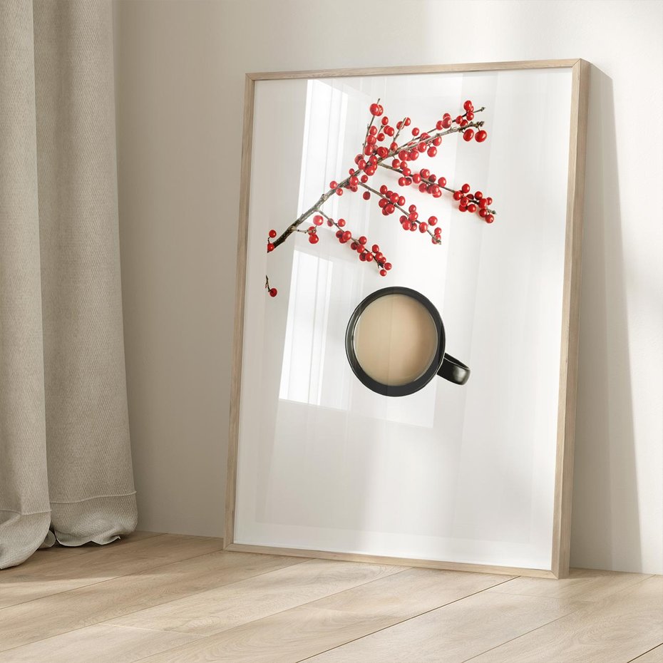 Plakat w ramie 40x50 - Filiżanka Kawy z Gałązką Jarzębiny - kawa, gałązka jarzębiny - rama drewno