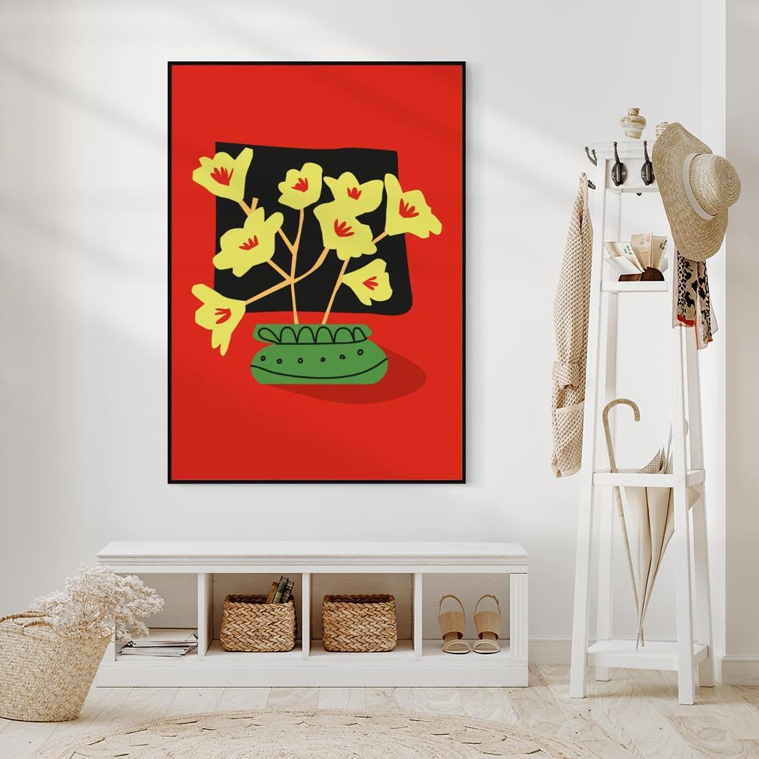 Obraz w ramie 70x100 - Abstrakcyjne Przenikanie - abstrakcyjne kwiaty, czerwone tło - rama czarna