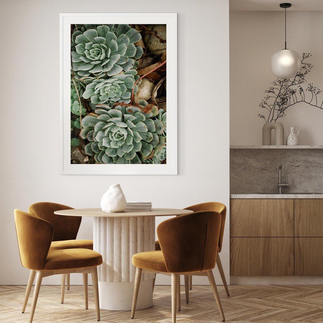 Plakat w ramie 40x50 - Zielona Uroda Sukulentów - sukulenty, zielone liście - rama biała