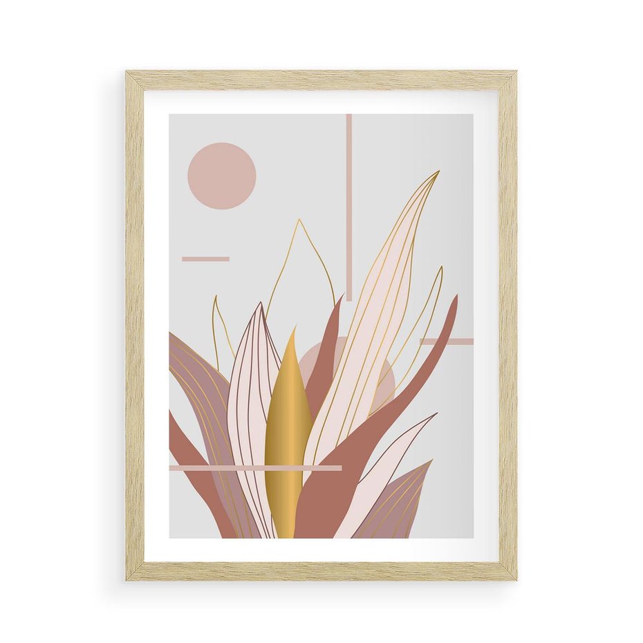 Plakat w ramie 50x70 - Złota Grafika Liści: Wyjątkowa Dekoracja - liście, złoto - rama drewno