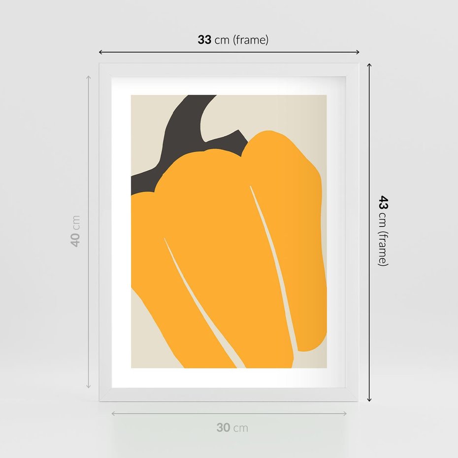 Plakat w ramie 30x40 - Migocące Formy - abstrakcyjny minimalistyczny obraz, żółta papryczka - rama biała