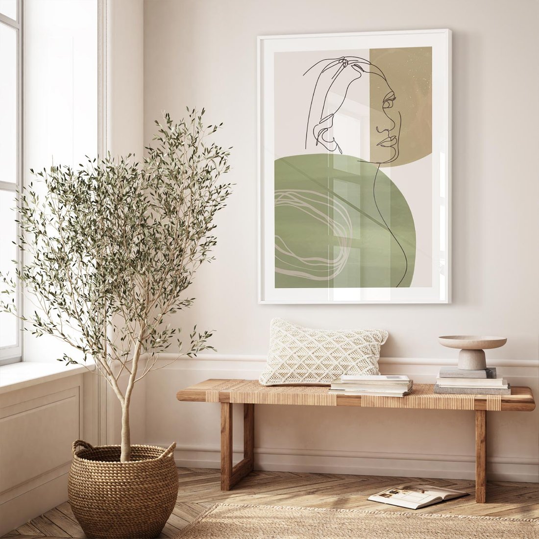 Plakat w ramie 30x40 - Jedna Linia, Wiele Emocji - akwarelowe plamy, na nich szkic postaci kobiety jedną linią - rama biała