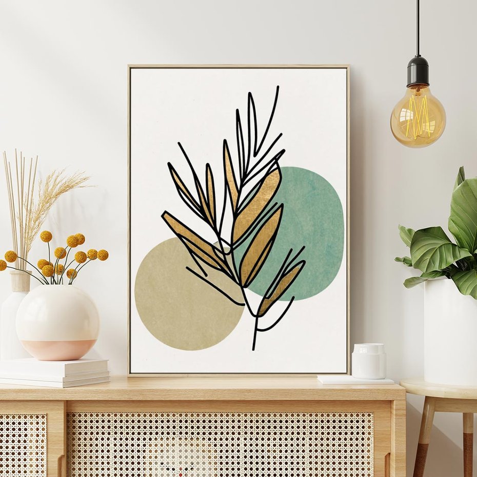 Obraz w ramie 80x120 - Migocące Ścieżki Wizji - abstrakcyjny obraz boho, liście - rama drewno