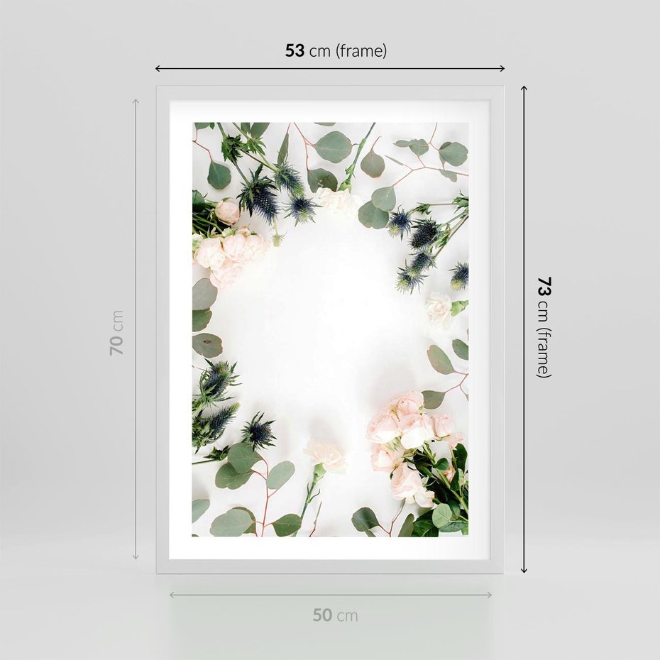 Plakat w ramie 50x70 - Róże i Zielone Liście - kompozycja kwiatowa, róże - rama biała