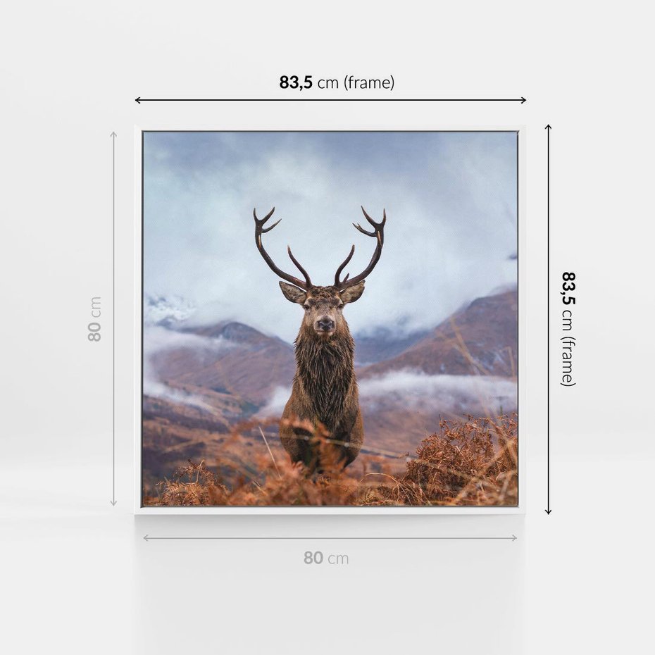 Obraz w ramie 80x80 - Jeleń w Uśpionym Krajobrazie - jeleń na tle gór, ośnieżone góry - rama biała