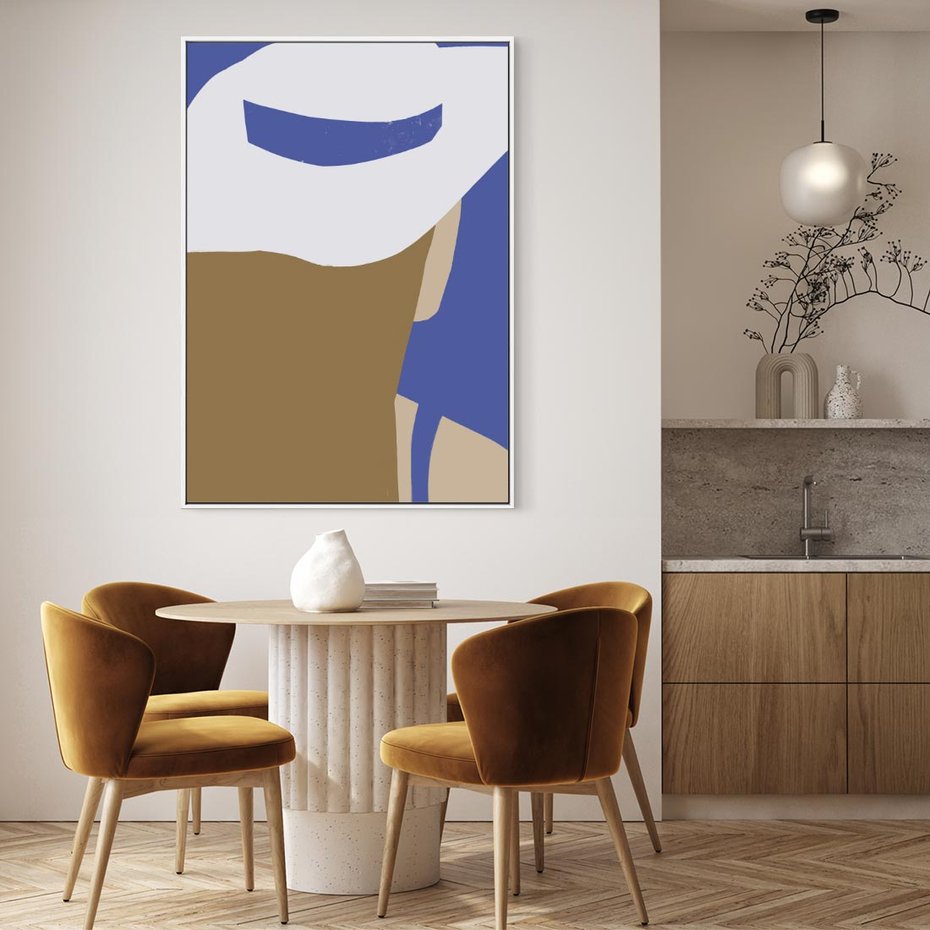 Obraz w ramie 80x120 - Kobiecy Wiatr - plakat retro, kobieta w kapeluszu - rama biała