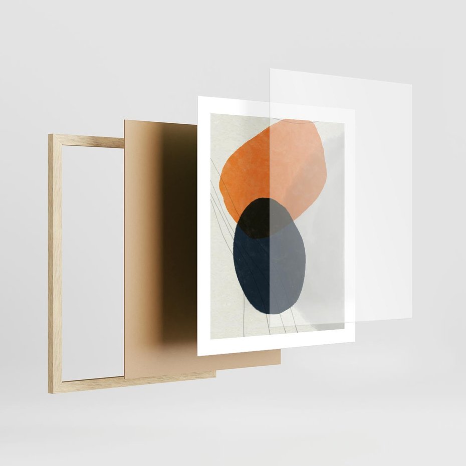 Plakat w ramie 40x50 - Podróżne Pastelowe Pejzaże - geometryczne elementy, stonowane kolory - rama drewno