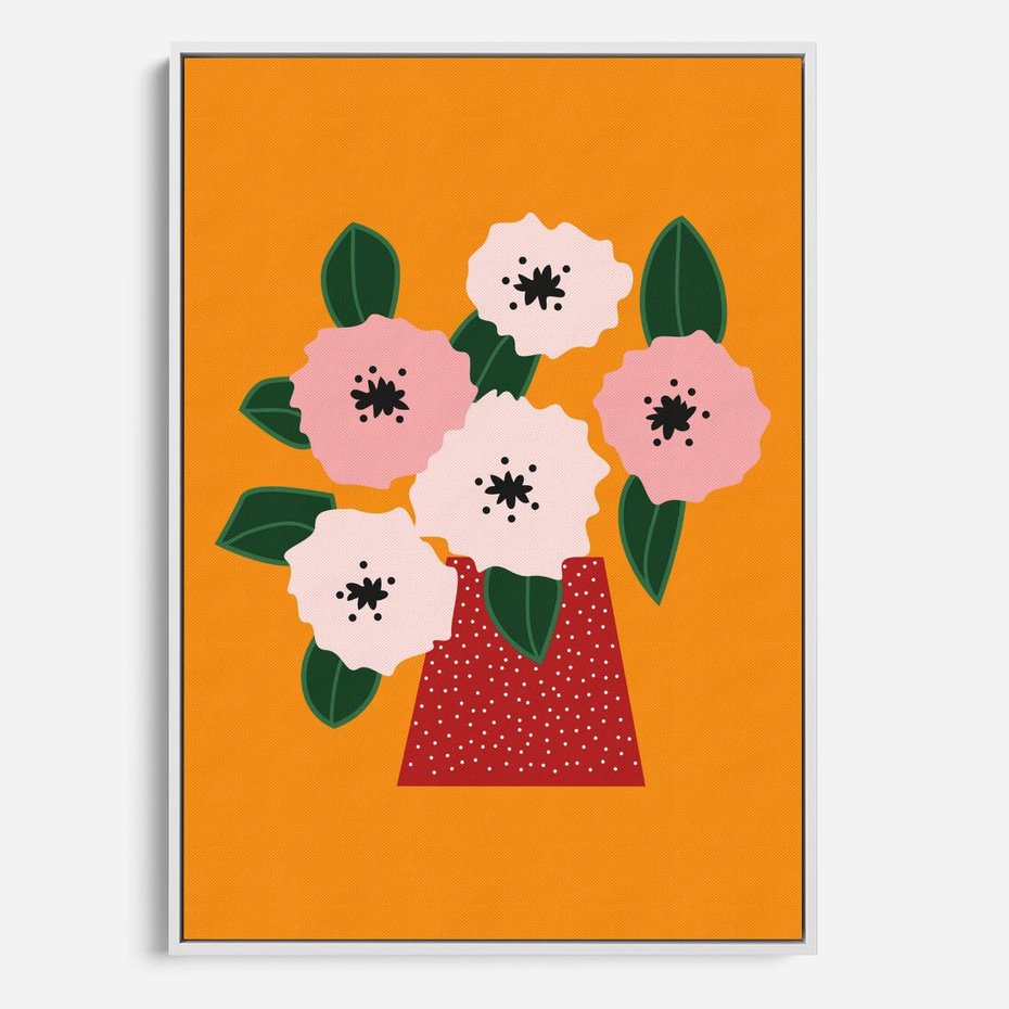 Obraz w ramie 50x70 - Harmonijne Granice - abstrakcyjne kwiaty, żółte tło - rama biała