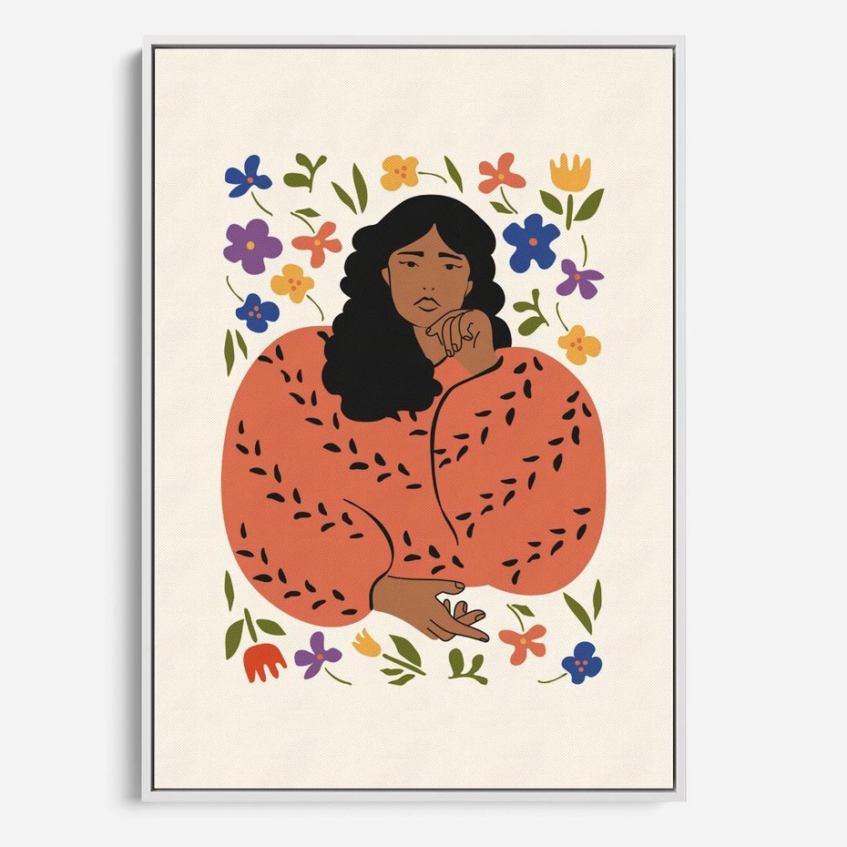 Obraz w ramie 80x120 - Rozplątane Emocje - nowoczesny plakat, kobieta otoczona kwiatami - rama biała