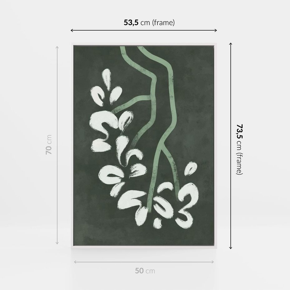 Obraz w ramie 50x70 - Rozkwitające Zielone Gałęzie - abstrakcyjne delikatne zielone linie, podobne do gałęzi kwiatów - rama biała