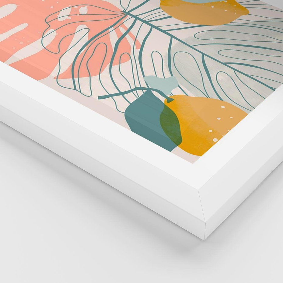Plakat w ramie 40x50 - Sztuka Natury: Liście Monstery w Pastelach - nowoczesna grafika, pastelowe liście monstery - rama biała
